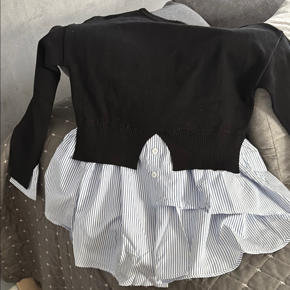Blue and white Stripe Layered black sweater top.  NEW but no tags